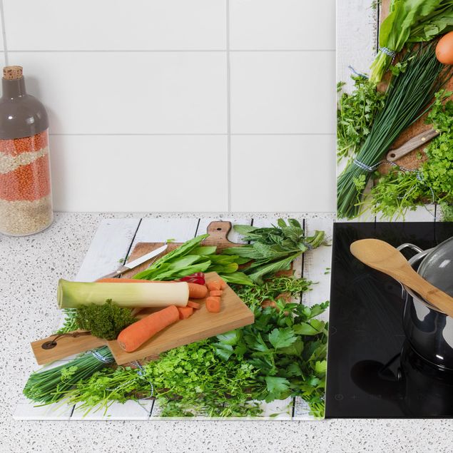Cache plaques de cuisson en verre - Fresh Herbs On Wooden Board