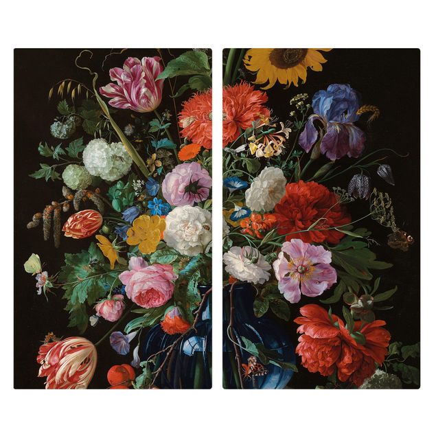 Reproduction tableaux célèbres Jan Davidsz de Heem - Des tulipes, un tournesol, un iris et d'autres fleurs dans un vase en verre sur le socle en marbre d'une colonne