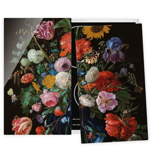 Déco murale cuisine Jan Davidsz de Heem - Des tulipes, un tournesol, un iris et d'autres fleurs dans un vase en verre sur le socle en marbre d'une colonne