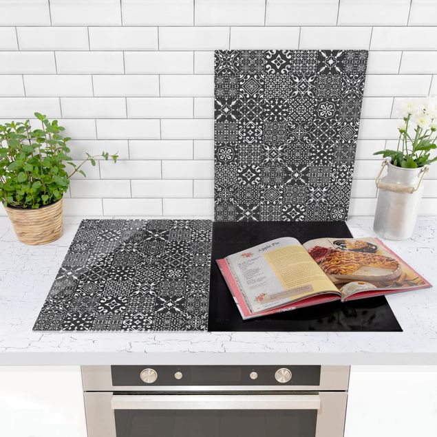 Cache plaques de cuisson en verre - Patterned Tiles Dark Gray White