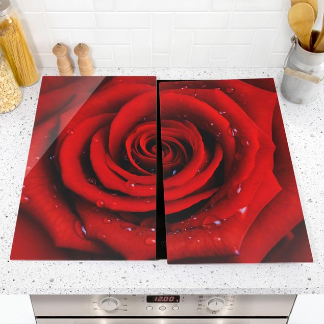 Cache plaques de cuisson fleurs Rose rouge avec gouttes d'eau