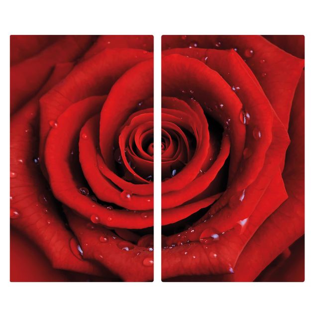 Cache plaques de cuisson en verre - Red Rose With Water Drops