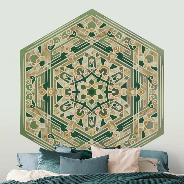 Tapisserie moderne Mandala hexagonal en vert avec or
