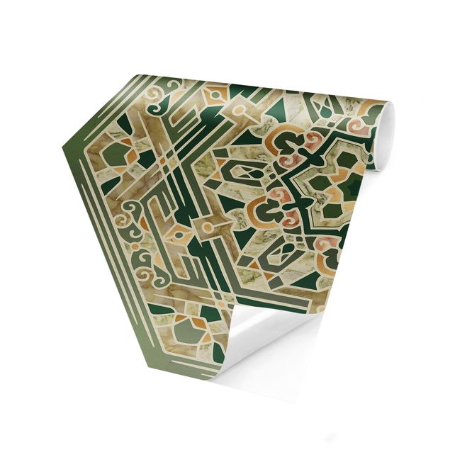 Tapisserie verte Mandala hexagonal en vert avec or