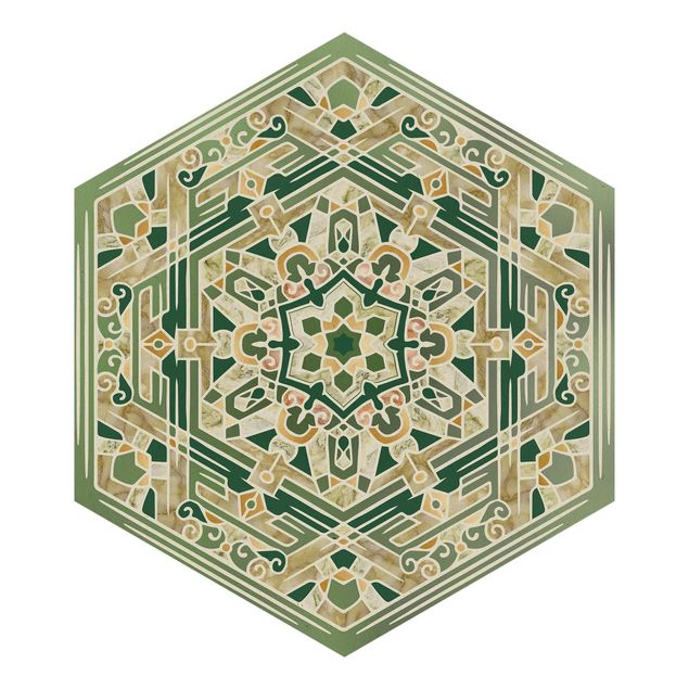 papier peint xxl Mandala hexagonal en vert avec or