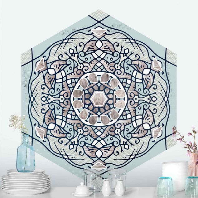 Tapisserie moderne Mandala hexagonal en bleu clair