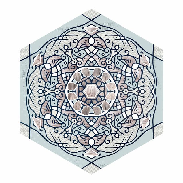 papier peint xxl Mandala hexagonal en bleu clair