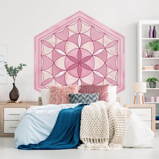 Papier peint rétro Mandala hexagonal en rose