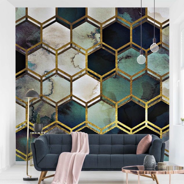 Déco murale cuisine Rêves hexagonaux Aquarelle avec or