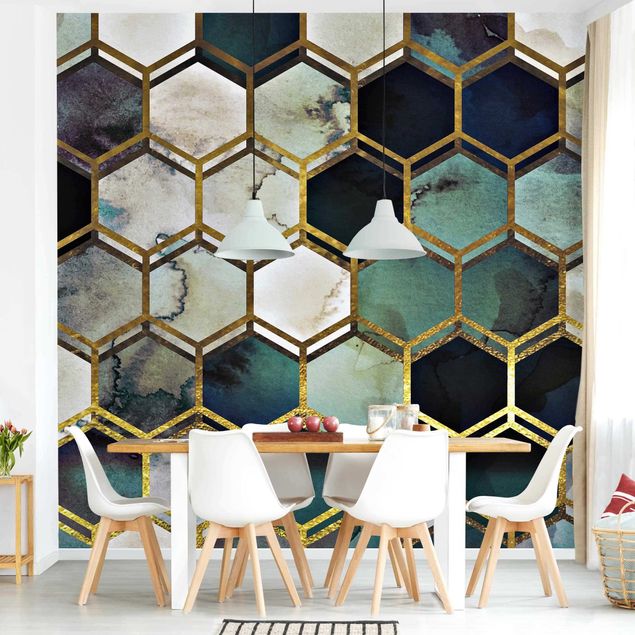 papier peint graphique Rêves hexagonaux Aquarelle avec or