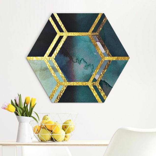 Déco mur cuisine Rêves hexagonaux Aquarelle avec or