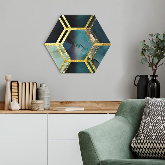 Tableaux moderne Rêves hexagonaux Aquarelle avec or