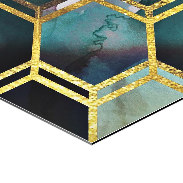 Hexagone en alu Dibond - Hexagonal Dreams Watercolour With Gold