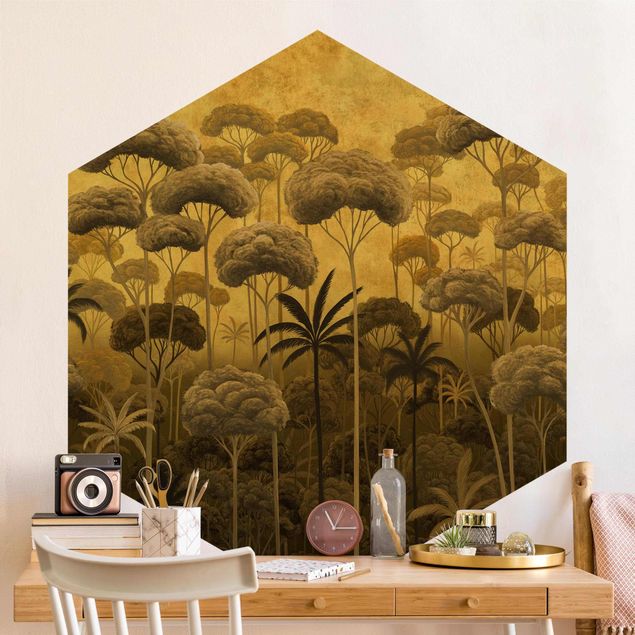 papier peint xxl Grands arbres dans la jungle en tons dorés