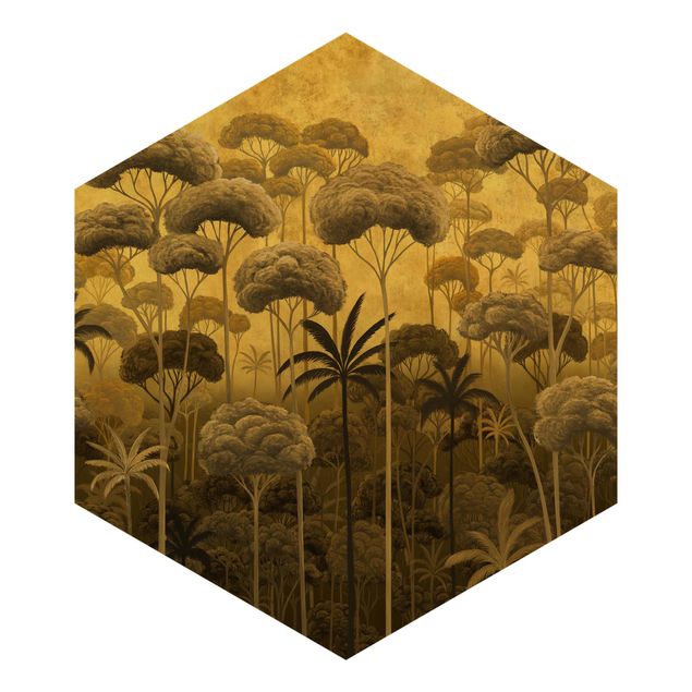 Papier peint hexagonal autocollant avec dessins - Grands arbres dans la jungle en tons dorés