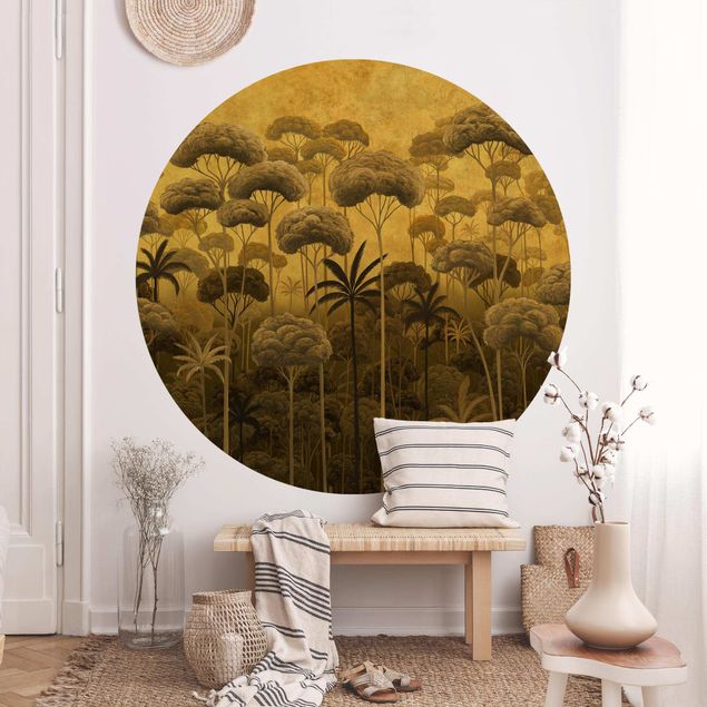 Papier peint floral Grands arbres dans la jungle en tons dorés