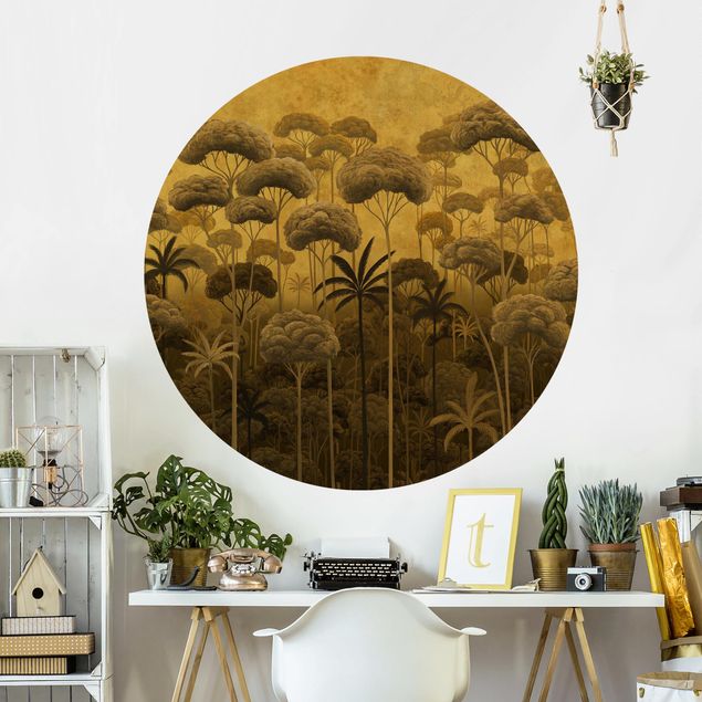 Papier peint panoramique forêt Grands arbres dans la jungle en tons dorés