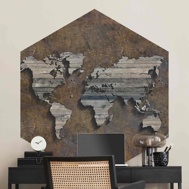Papiers peints modernes Carte du monde avec grille en bois