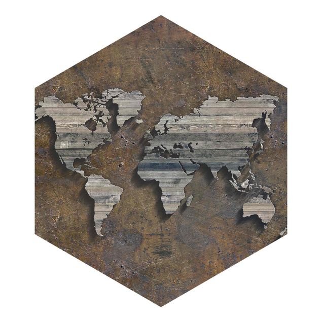 tapisserie panoramique Carte du monde avec grille en bois