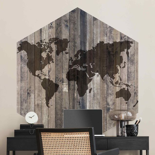 Papier peint moderne Carte du monde en bois