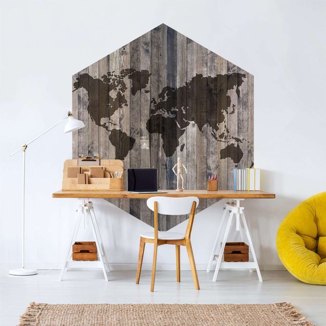 Papier peint bois Carte du monde en bois
