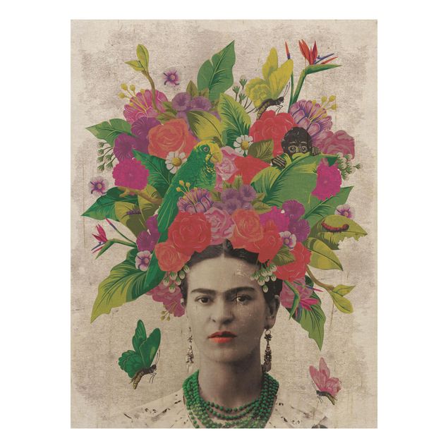 Tableaux en bois avec fleurs Frida Kahlo - Portrait de fleurs