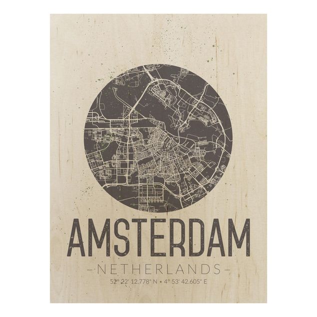 Tableaux en bois avec citations Plan de ville d'Amsterdam - Rétro
