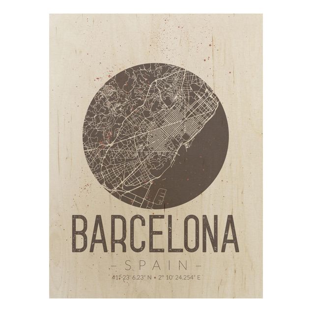 Tableaux en bois avec citations Plan de ville de Barcelone - Rétro