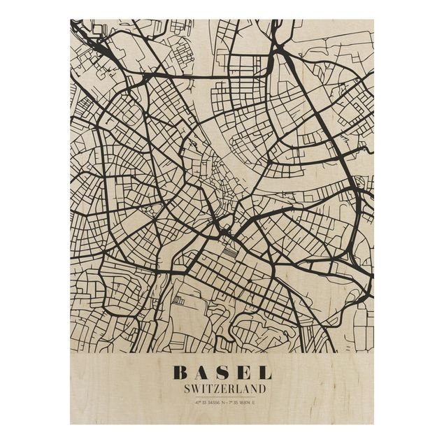 Tableaux en bois avec citations Plan de la ville de Bâle - Classique