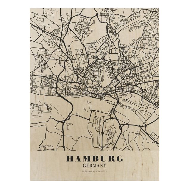 Tableaux en bois avec citations Plan de ville de Hambourg - Classique