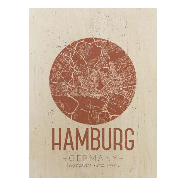 Tableaux en bois avec citations Plan de ville de Hambourg - Rétro