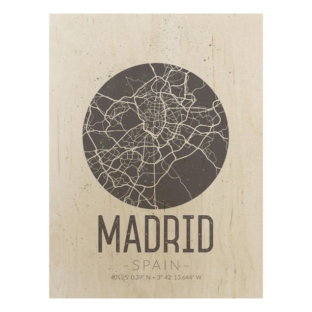 Tableaux en bois avec citations Plan de ville de Madrid - Rétro