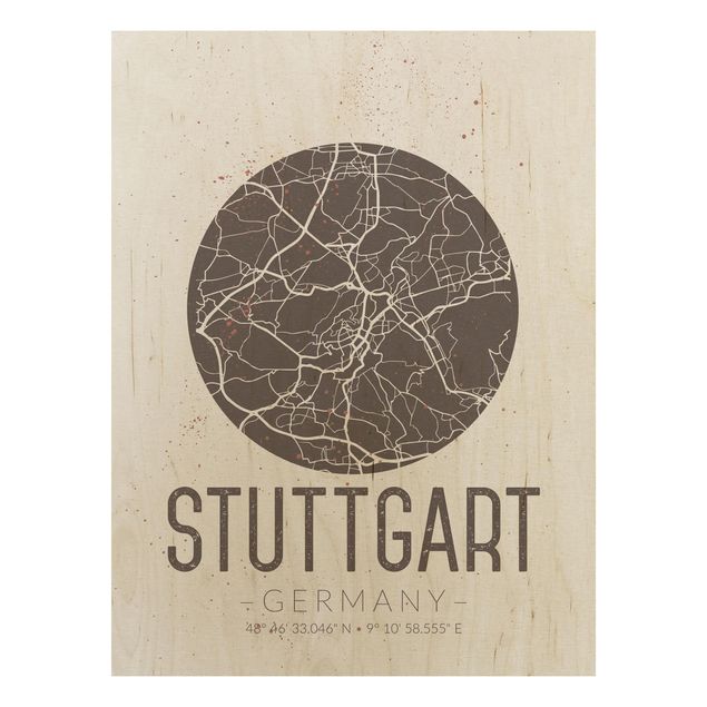 Tableaux en bois avec citations Plan de ville de Stuttgart - Rétro