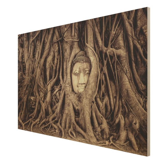 Tableaux en bois avec fleurs Bouddha d'Ayutthaya doublé de racines d'arbre en brun