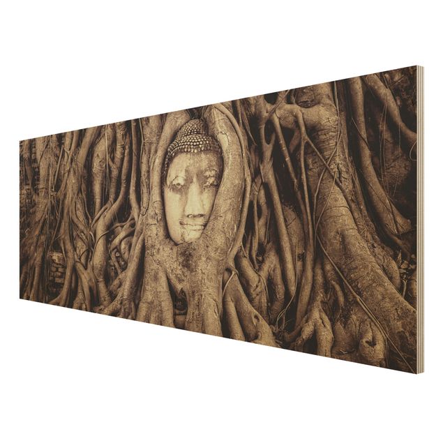 Tableaux en bois avec paysage Bouddha d'Ayutthaya doublé de racines d'arbre en brun