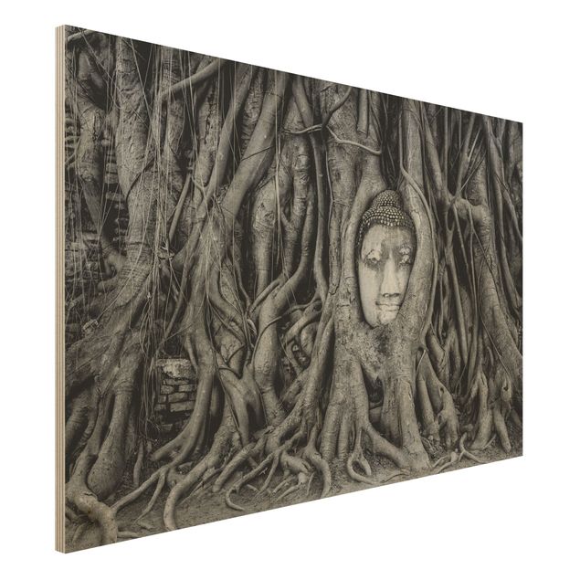 Déco mur cuisine Bouddha d'Ayutthaya doublé de racines d'arbres en noir et blanc