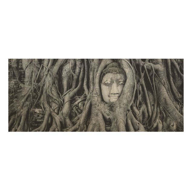 Tableaux en bois avec fleurs Bouddha d'Ayutthaya doublé de racines d'arbres en noir et blanc