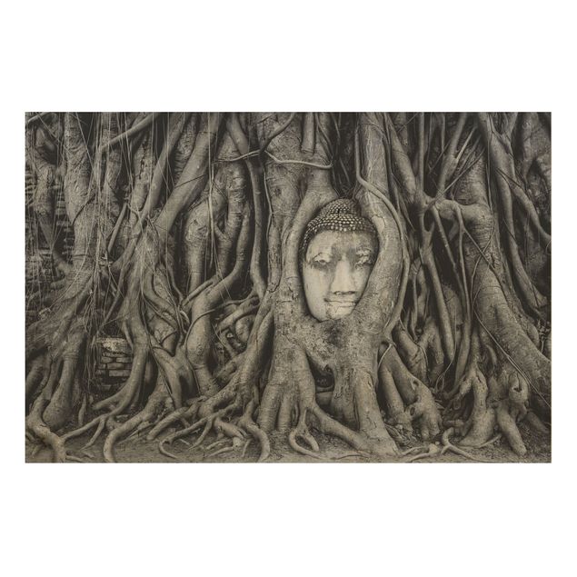 Tableaux en bois avec paysage Bouddha d'Ayutthaya doublé de racines d'arbres en noir et blanc