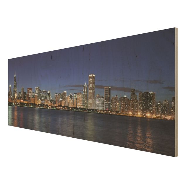 Tableaux bois Chicago Skyline At Night