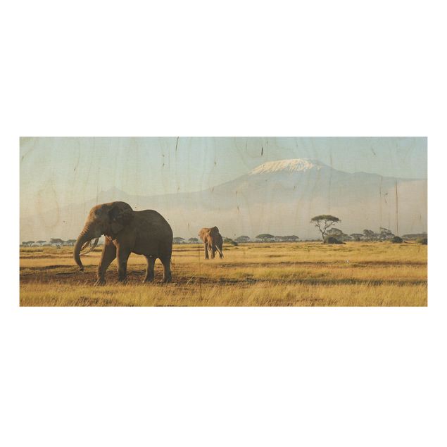 Tableaux en bois avec paysage Eléphants devant le Kilimandjaro au Kenya