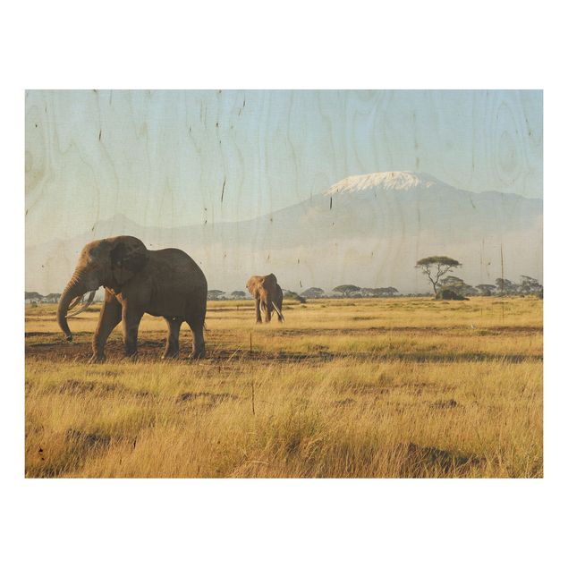Tableaux en bois avec paysage Eléphants devant le Kilimandjaro au Kenya