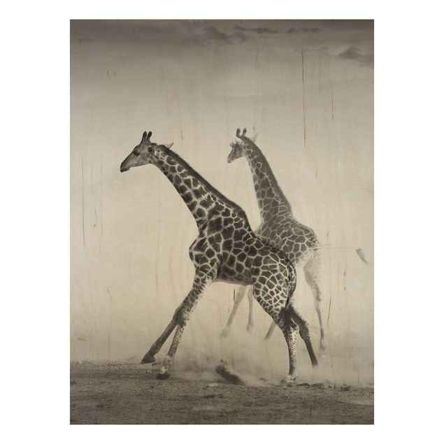 Tableaux en bois avec paysage Girafes à la chasse