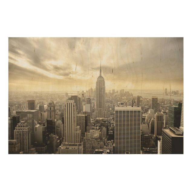 Tableau vintage bois Manhattan à l'aube