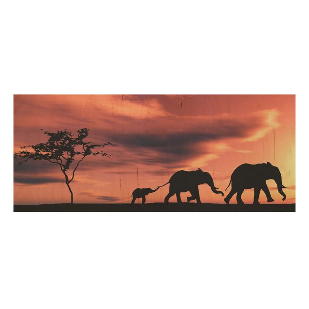 Tableaux en bois avec paysage Famille d'éléphants de Savannah