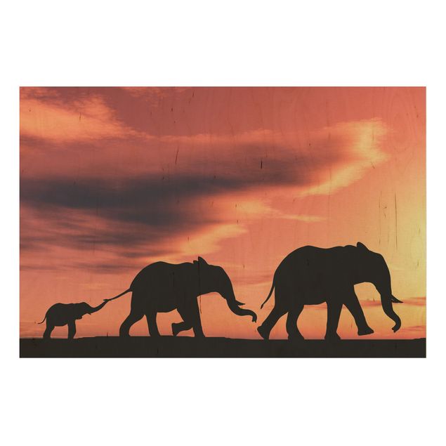 Tableaux en bois avec paysage Famille d'éléphants de Savannah