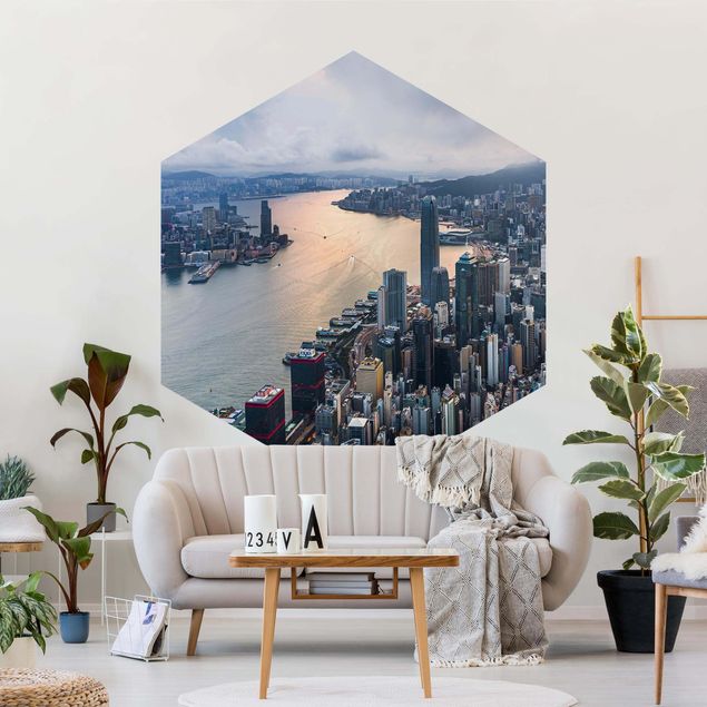 Papier peint panoramique hexagonal Hong Kong à l'aube