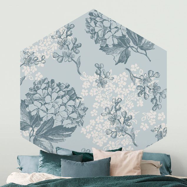 Papier peint moderne Motif d'hortensias en bleu