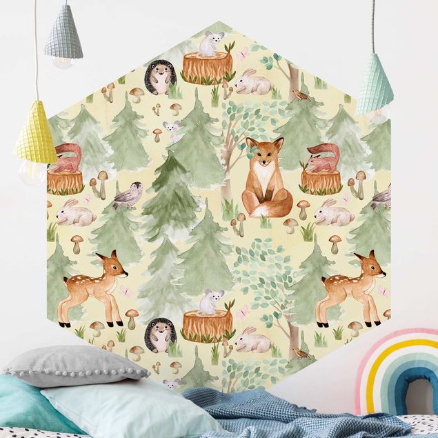 Décoration chambre bébé Hérisson et renard avec arbres verts