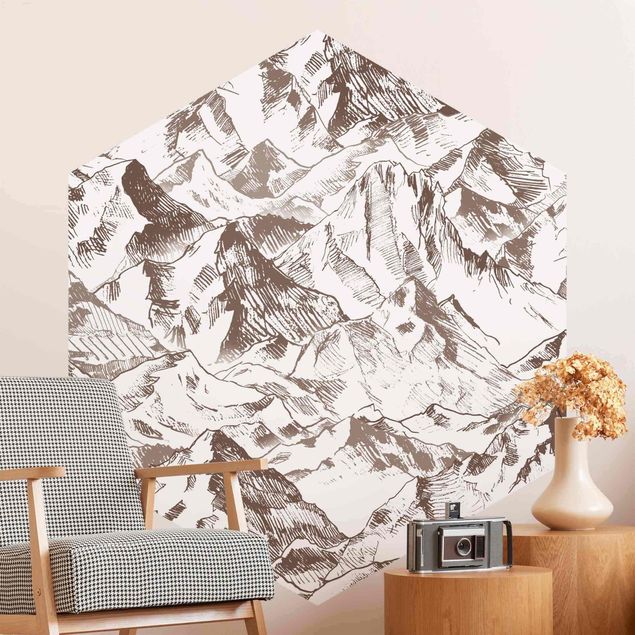 Papier peint montagnes Illustration - Paysage de Montagne Sépia