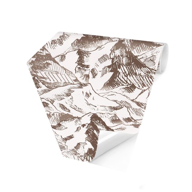 Papier peint panoramique hexagonal Illustration - Paysage de Montagne Sépia